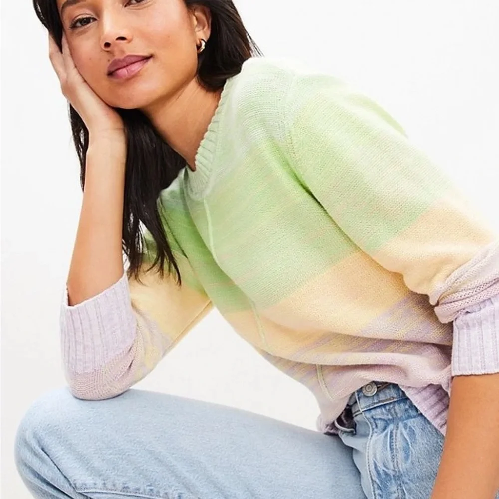 LOFT Women L Knit Pastel Stripe Ombre Elbow Sleeve Crew Neck Sweater NWT